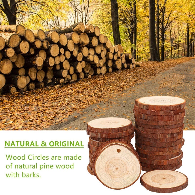 TICIOSH Natural Wood Slices TICIOSH 50 Pcs 2.4-2.8 inches Craft Unfinished Wood kit Predrilled with Hole Wooden Circles for DIY Crafts Wedding Decorations Christmas Ornaments Arts Wood Slices - Image 4